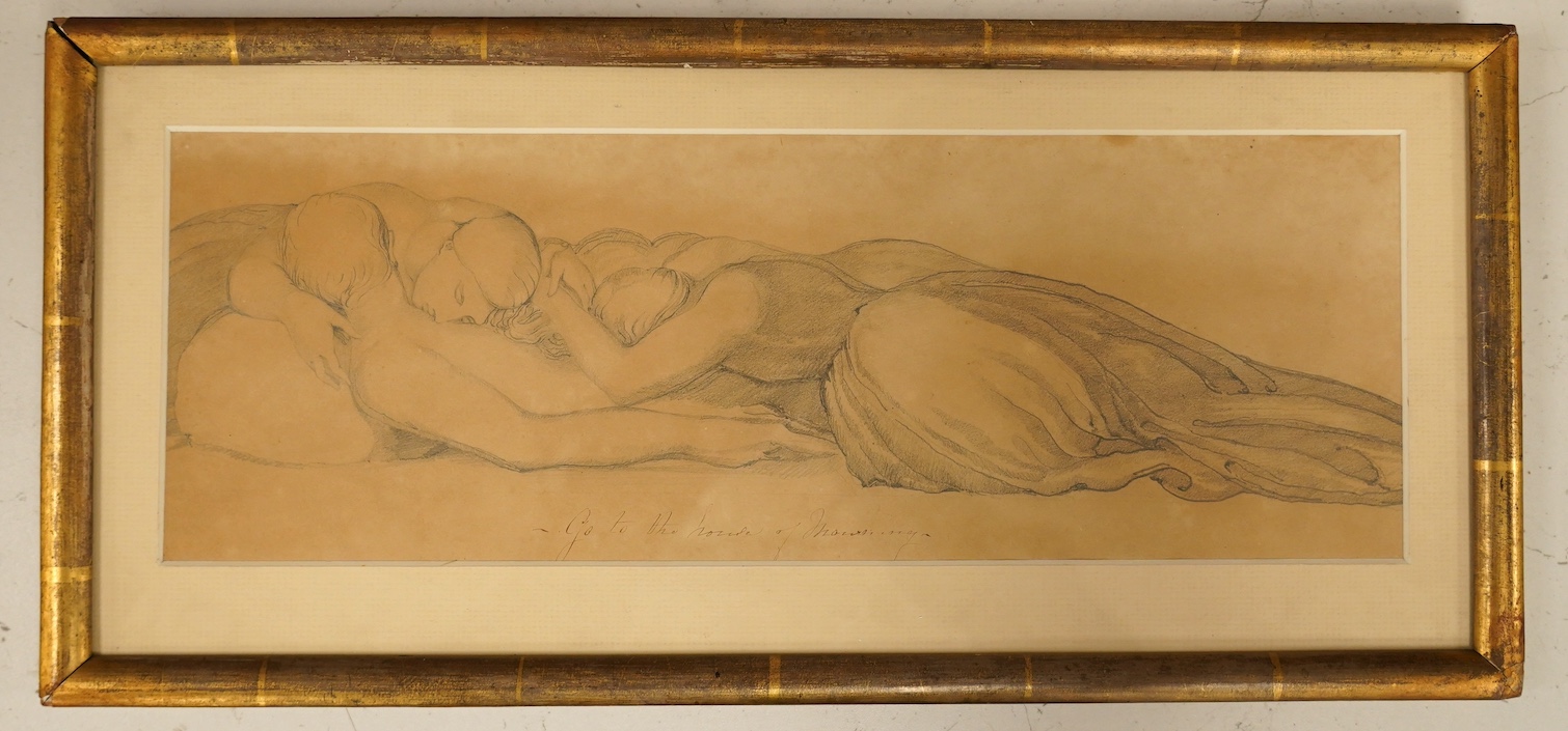 19th century English School, pencil sketch, 'Go to the hour of mourning', unsigned, inscribed in ink, 14 x 40cm. Condition - fair, discolouration to the paper